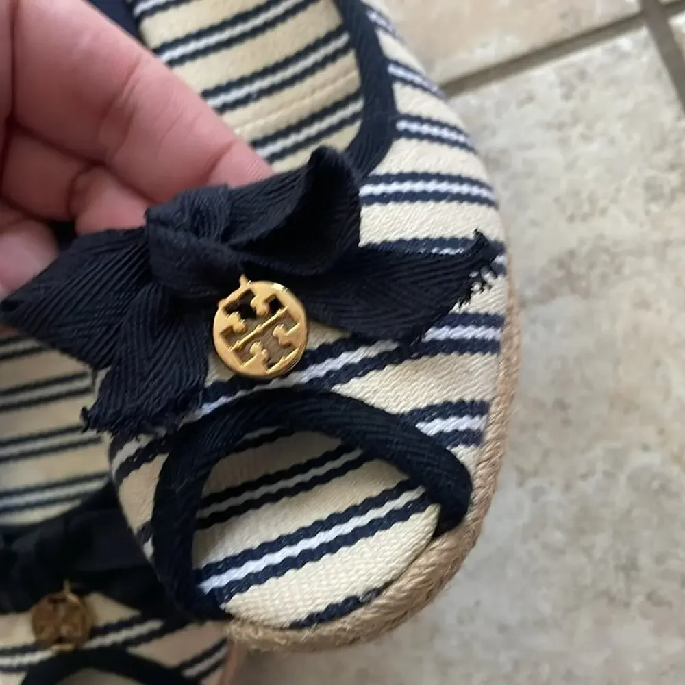 Tory Burch Jackie Striped Peep-Toe Wedge sandal Ivory Navy